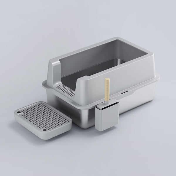 Furrbby Front Entry Stainless Steel Litter Box with Detachable Anti-Tracking Step & Scoop Set