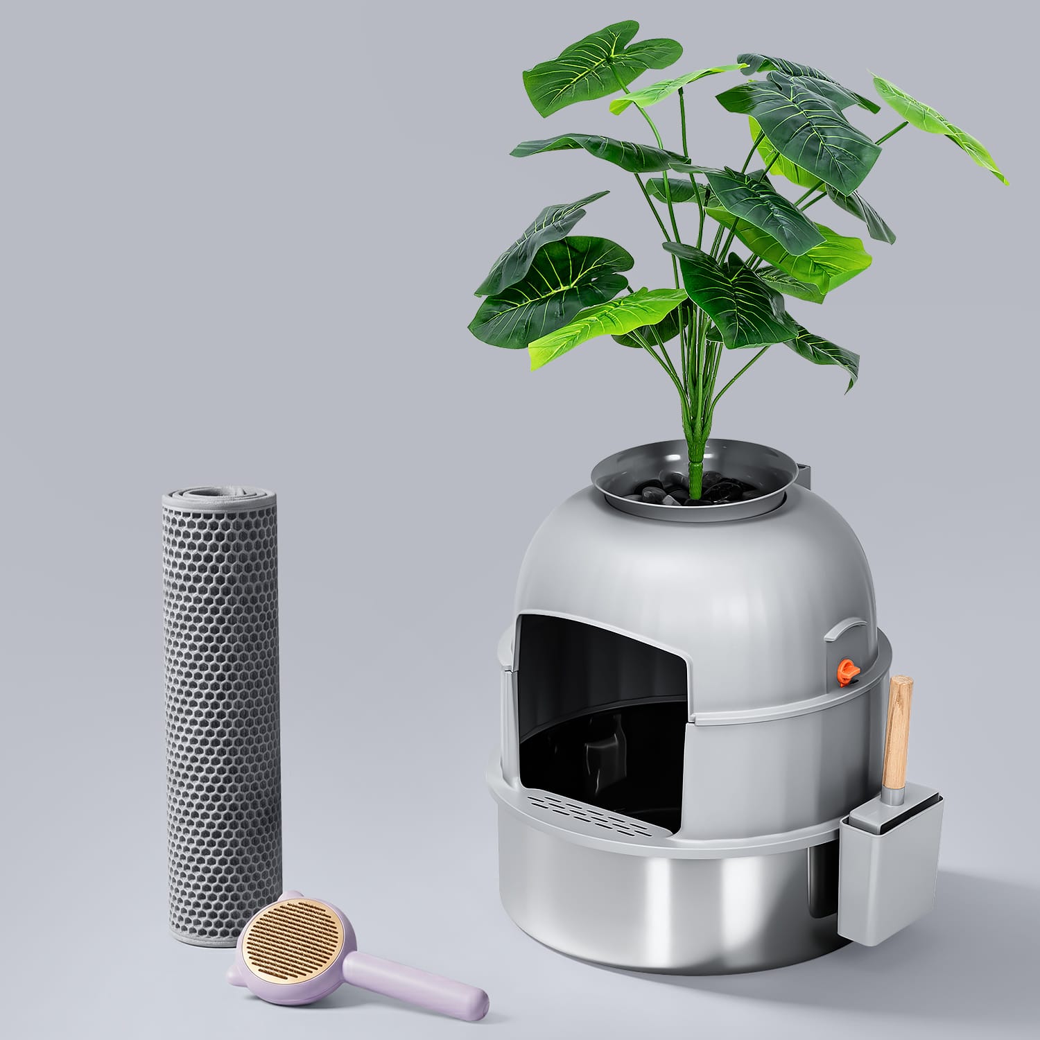 Hidden Round Potted Plant Stainless Steel Litter Box Hidden Box-Full Enclosure / Dark Gray
