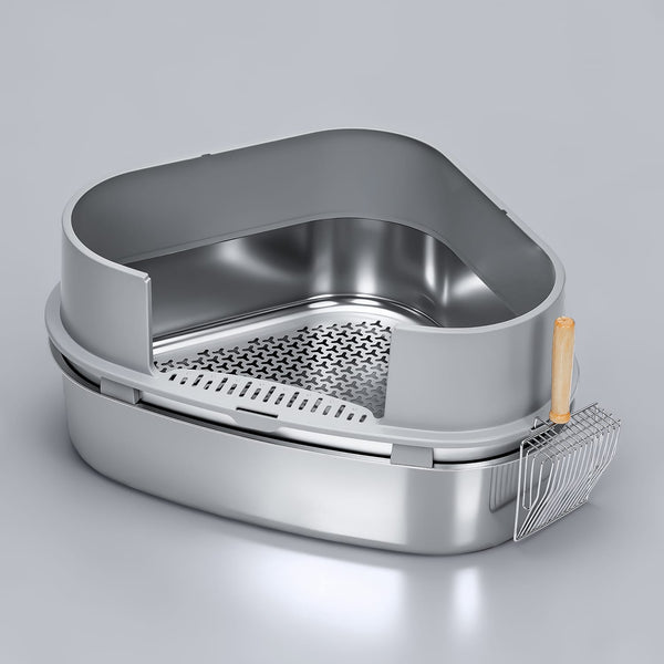 XXL Stainless Steel Sifting Litter Box for Pine Pellet — Corner Pan-Semi Enclosure / XXL