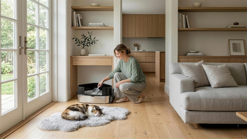 Furrbby stainless steel cat litter box being cleaned by a pet owner. Durable, easy-clean metal litter tray.
