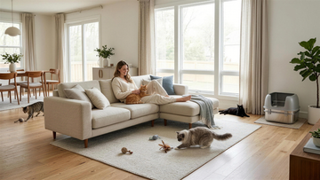Woman relaxing in a bright modern living room with multiple cats, next to a Furrbby stainless steel litter box. Durable metal litter tray for multi-cat households.