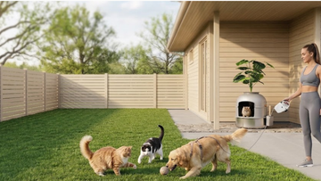 Furrbby stainless steel cat litter box on a backyard patio, with a woman and her pets nearby. Durable metal litter tray.