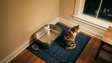 Furrbby stainless steel cat litter box at home, with a calico cat sitting nearby. Durable metal litter tray.
