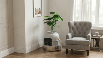 Furrbby round sifting stainless steel litter box, full privacy enclosure with faux plant planter cover, hidden design conceals litter box while containing odors and litter scatter