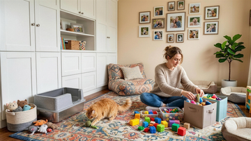 Bright, clutter-free playroom with a woman and her cat, featuring a Furrbby metal cat litter box that keeps the home fresh and safe for kids and pets.