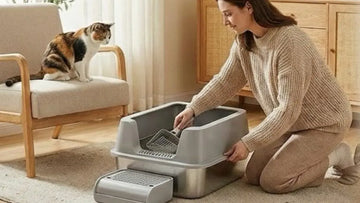 Cat next to a PULLNSCOOP stainless steel litter box in a real home