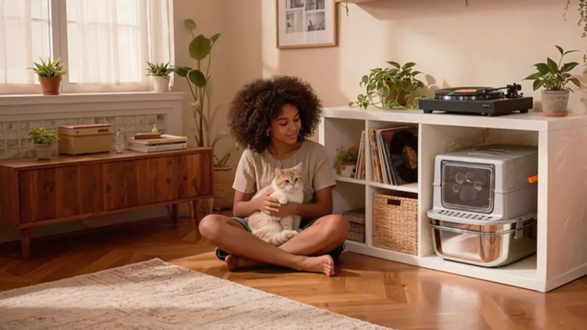 Cat next to a PULLNSCOOP stainless steel litter box in a real home