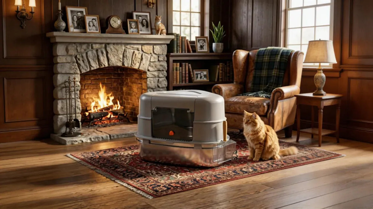 Cat next to a PULLNSCOOP stainless steel litter box in a real home