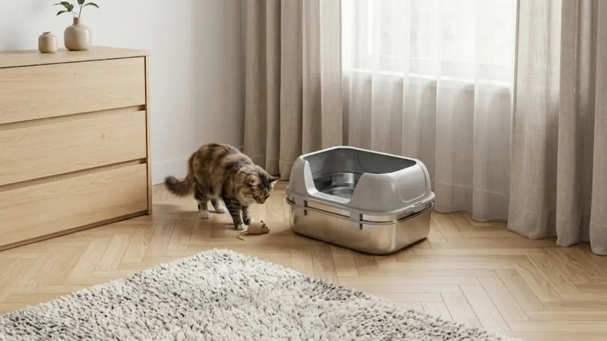 Cat next to a PULLNSCOOP stainless steel litter box in a real home