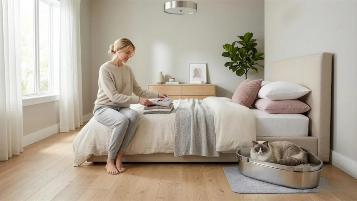 Cat next to a PULLNSCOOP stainless steel litter box in a real home