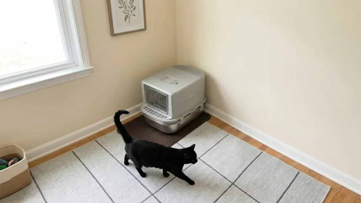 Cat next to a PULLNSCOOP stainless steel litter box in a real home