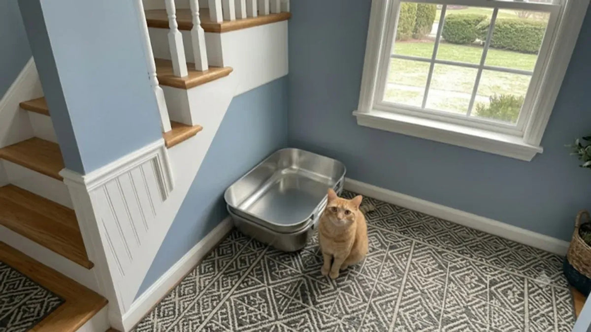 Cat next to a PULLNSCOOP stainless steel litter box in a real home