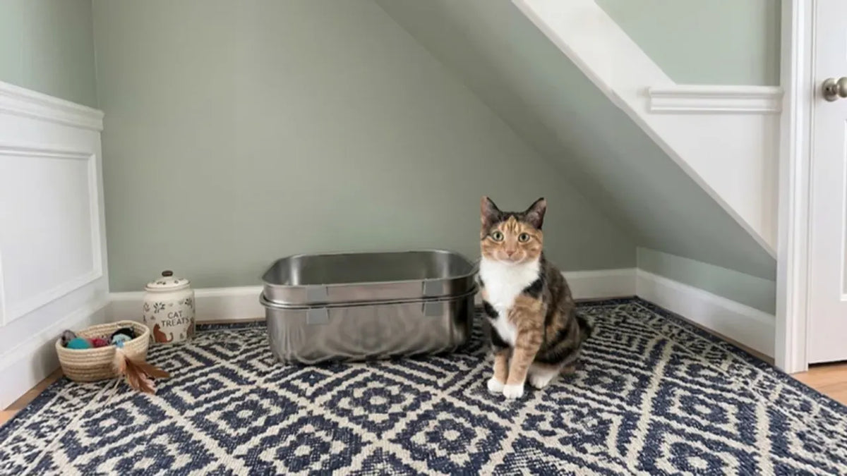 Cat next to a PULLNSCOOP stainless steel litter box in a real home