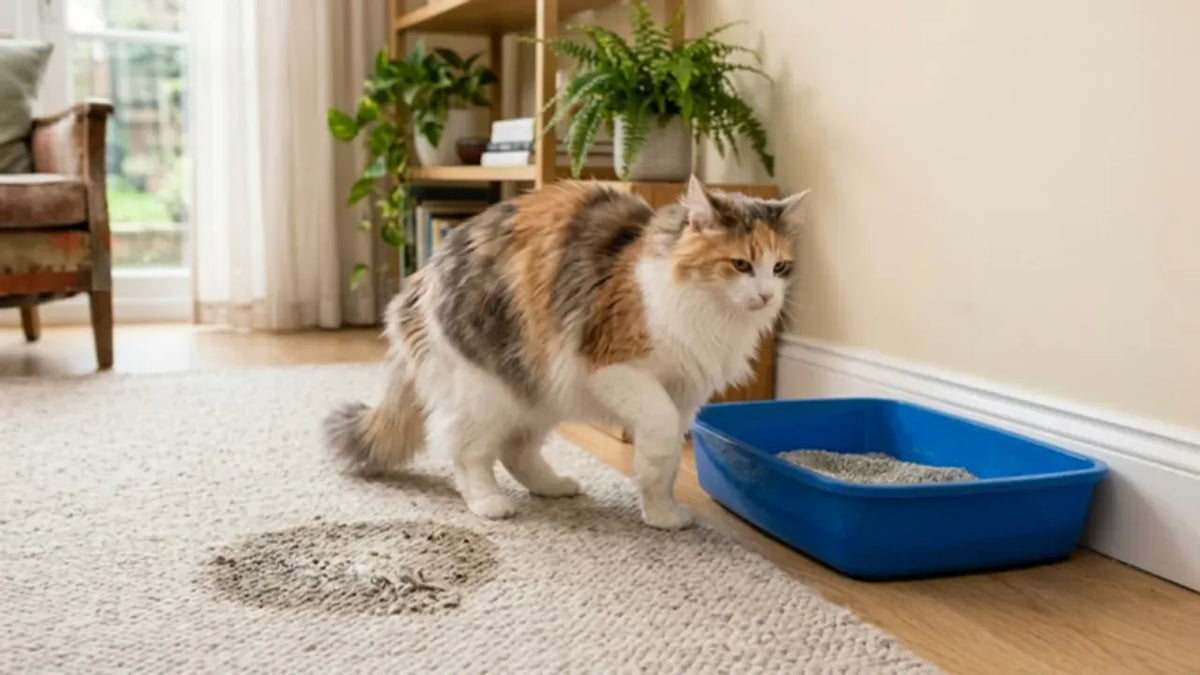 Cat next to a PULLNSCOOP stainless steel litter box in a real home