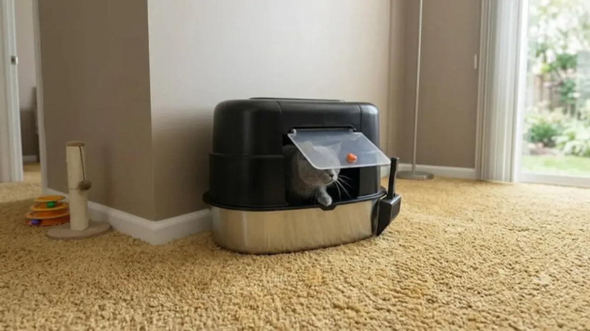 Cat next to a PULLNSCOOP stainless steel litter box in a real home