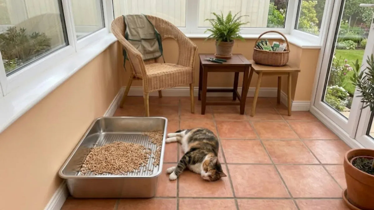 Cat next to a PULLNSCOOP stainless steel litter box in a real home