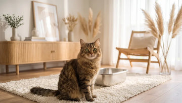 Cat next to a PULLNSCOOP stainless steel litter box in a real home