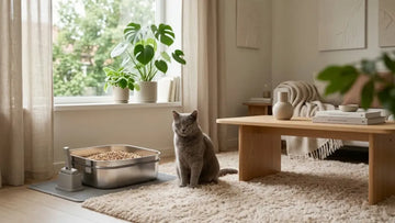 Cat next to a PULLNSCOOP stainless steel litter box in a real home