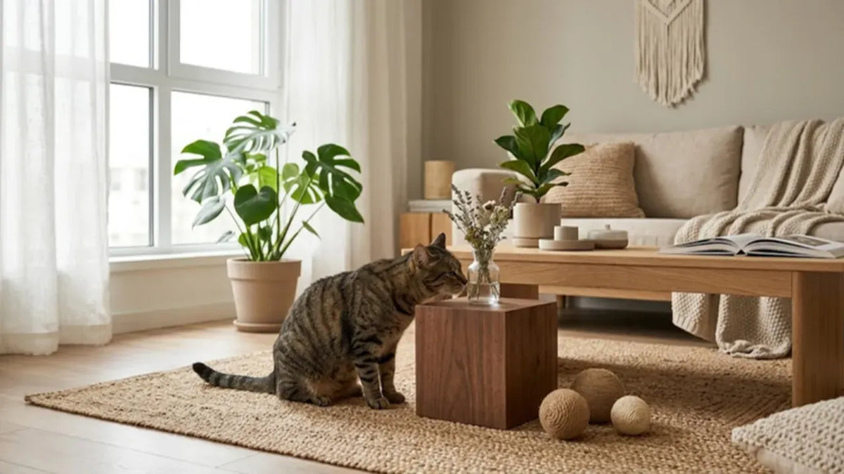 Cat next to a PULLNSCOOP stainless steel litter box in a real home