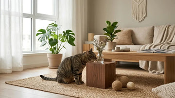 Cat next to a PULLNSCOOP stainless steel litter box in a real home