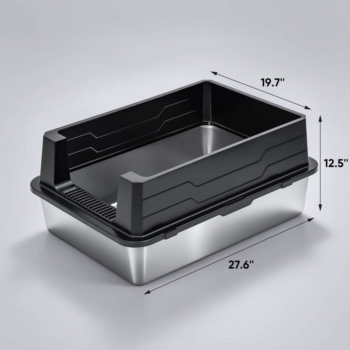 Furrbby XXL high sided stainless steel cat litter box, product with official inch dimension markings