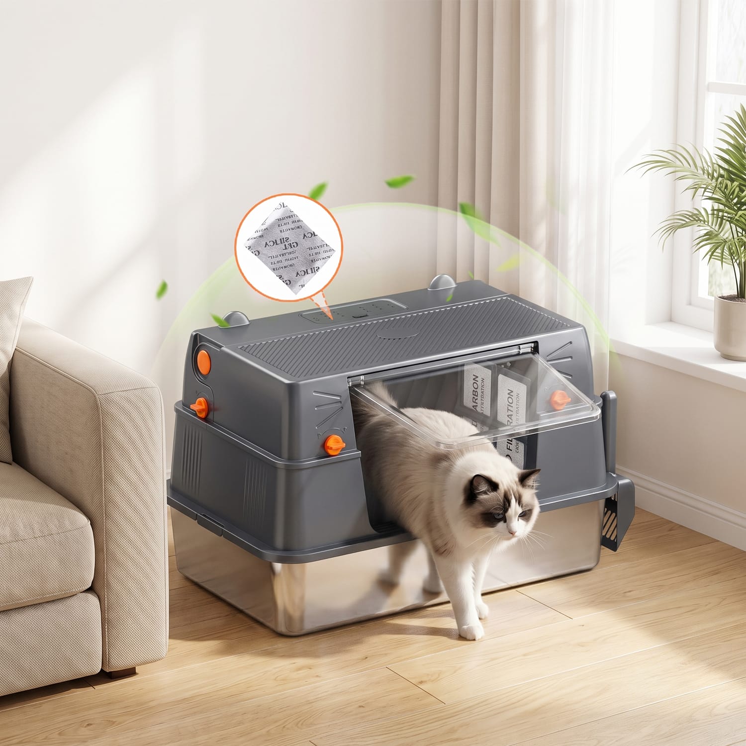 Furrbby Stainless Steel Litter Box side entry enclosed design, activated carbon deodorizer keeps home fresh & odor-free