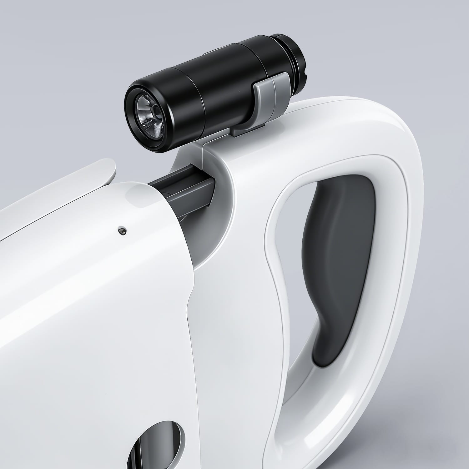 Detailed view of the LED flashlight attachment on Furrbby dog leash, for safe night walks