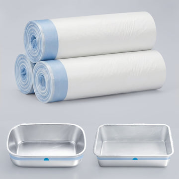 Furrbby XL cat litter box liners (3 rolls) shown with compatible XL litter boxes