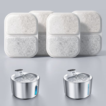Furrbby 4L wireless pet water fountain replacement filters, shown with the matching stainless steel fountain