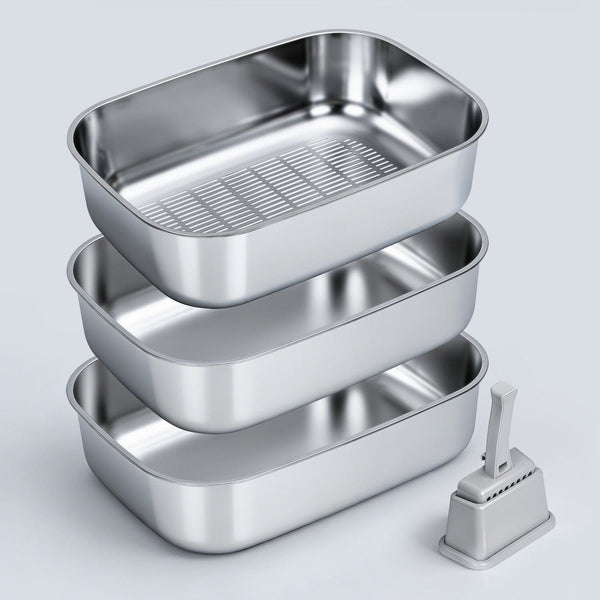 XL Stainless Steel Sifting Litter Box for Clumping Litter — Triple Pan Basic / XL