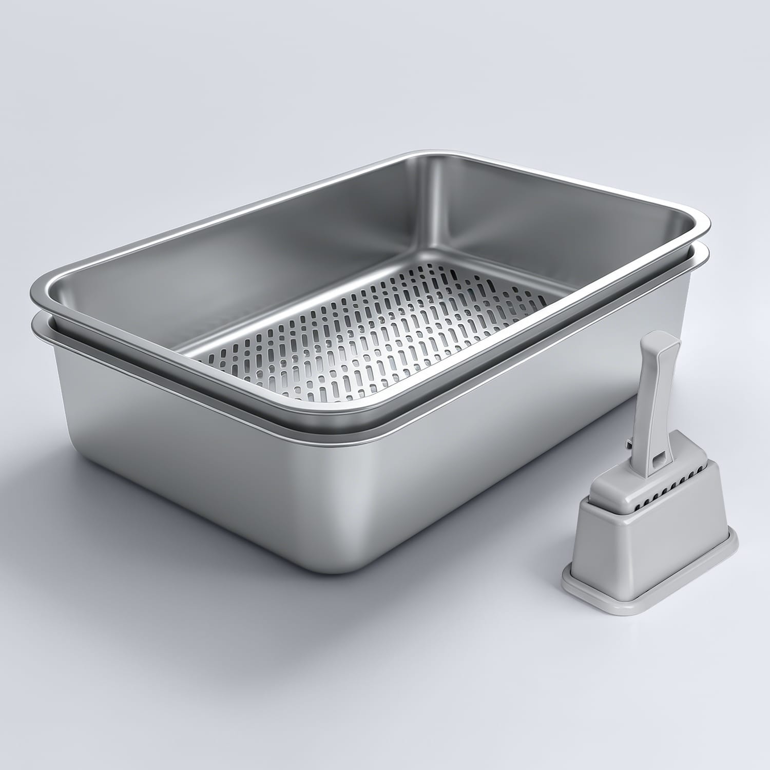 Furrbby 2-layer stainless steel sifting litter box with cleaning scoop