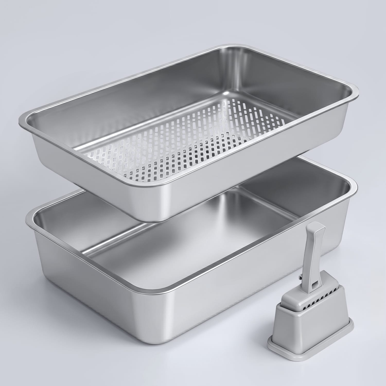 Furrbby stainless steel sifting litter box with two layers and cleaning tool