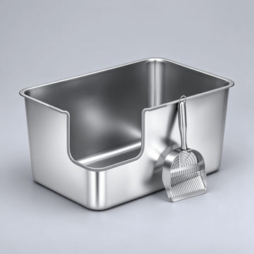 Furrbby Corner-Entry Stainless Steel Cat Litter Box, Low Front Entrance, High Side Anti-Splash Walls, Non-Stick Odor Resistant Metal Litter Pan for Kittens, Senior and Large Cats