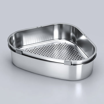 Furrbby triangular stainless steel sifting litter box, angled view showing the sifting tray inside for pine pellet litter