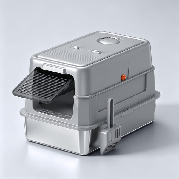 Furrbby Stainless Steel Litter Box, XL front entry enclosed cat litter box with flip lid, easy clean rust-resistant metal litter pan