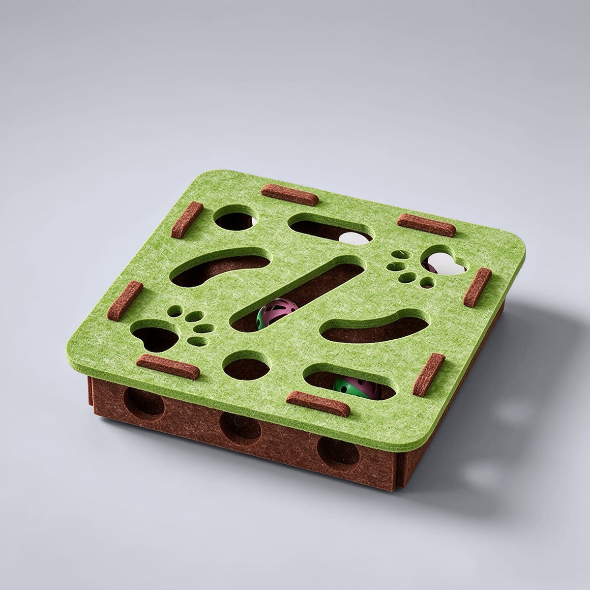 Furrbby Felt Cat Puzzle Maze Box, multi-track interactive cat toy with bell balls, scratch resistant felt cat scratching pad
