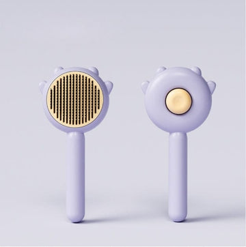 Furrbby purple cat-ear pet grooming brush, front and back view with self-cleaning button