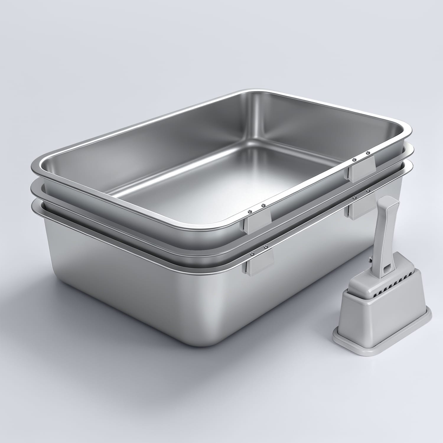 Furrbby Square Triple-Tray XL Stainless Steel Sifting Litter Box with Scoop