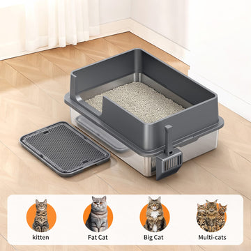Furrbby Dark Gray XXL Side Entry Stainless Steel Litter Pan with Filter Mat, Multi-Cat Litter Box for Kitten, Fat Cat & Large Breeds
