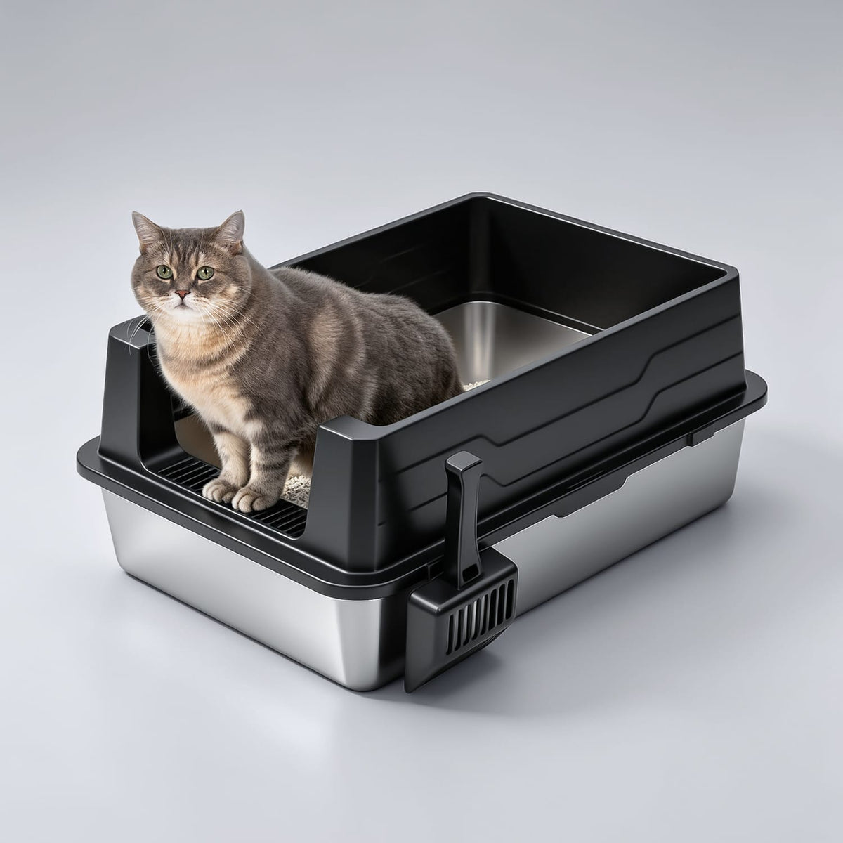Furrbby oversized open‑top stainless steel cat litter box, cat using large capacity litter box for multi‑cat household