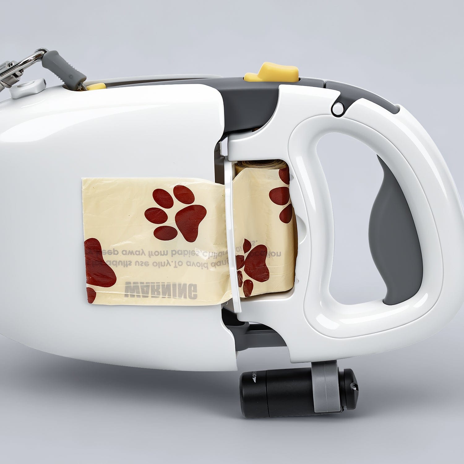 Tear-resistant dog poop bag with paw print inside the Furrbby pet leash scooper