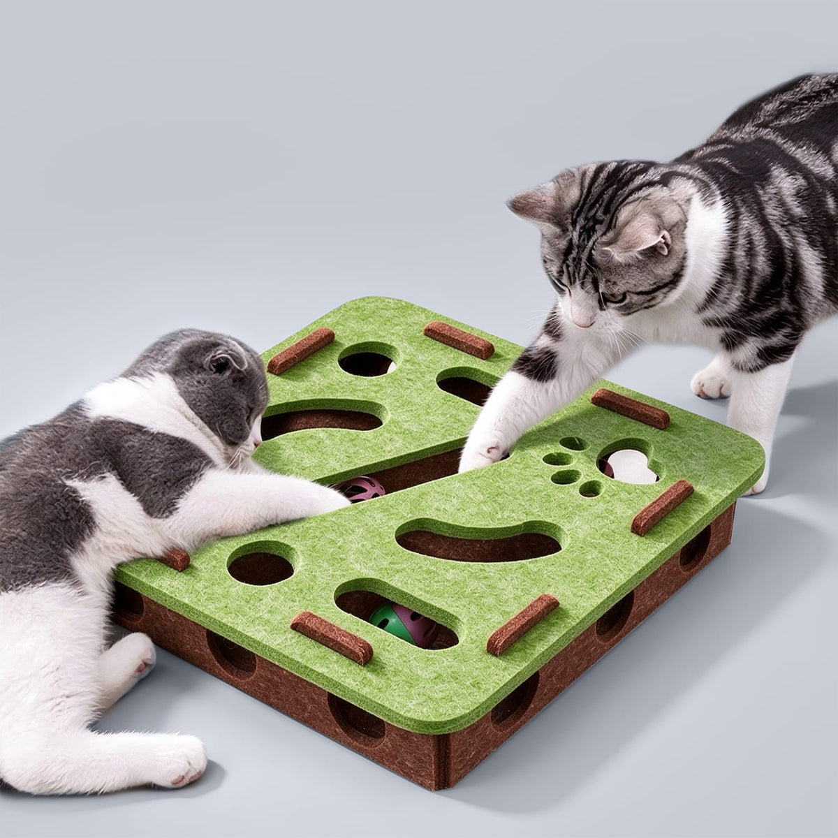 Furrbby Felt Cat Puzzle Maze Box, multi-track interactive cat toy with bell balls, scratch resistant felt cat scratching pad