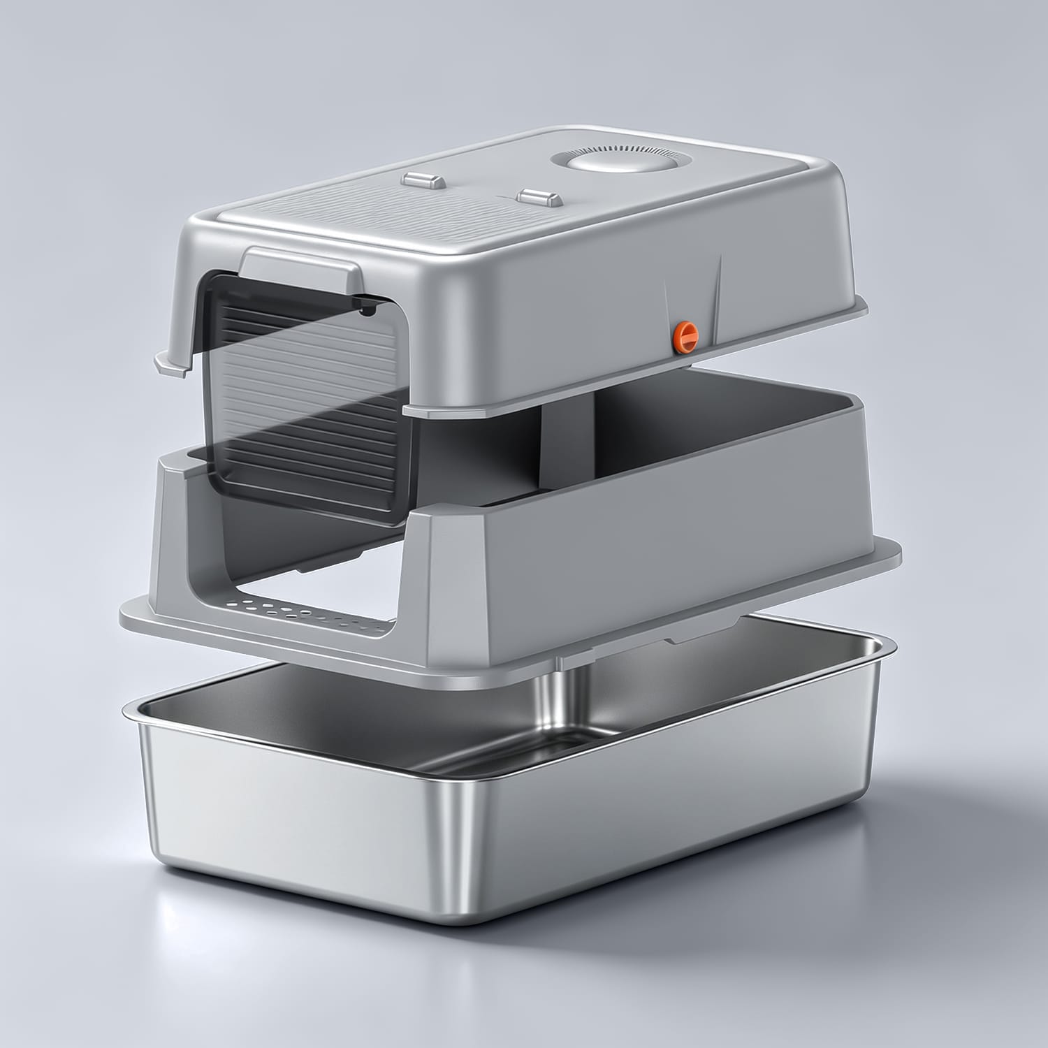Furrbby disassembled Stainless Steel Litter Box, removable rust-proof stainless tray enclosed front entry cat litter box