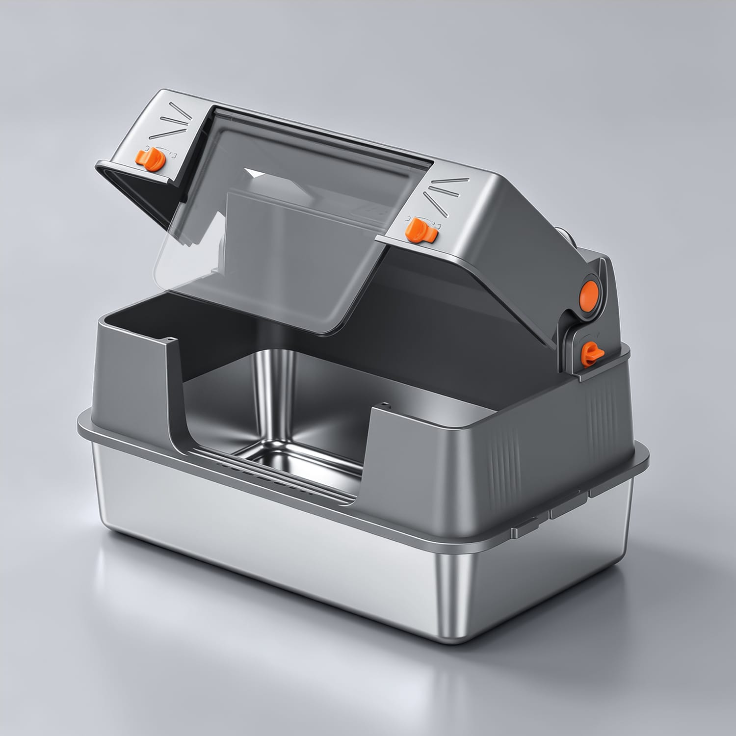 Furrbby XXL Side Entry Stainless Steel Litter Box with fully opened cat ear fliptop, disassembled enclosed metal cat litter pan display