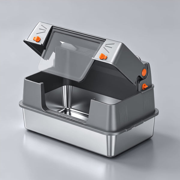Furrbby XL Side Entry Stainless Steel Litter Box with fully opened cat ear fliptop, disassembled enclosed metal cat litter pan display