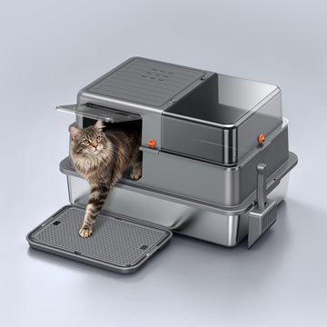 Furrbby XXL Full Enclosed Stainless Steel Litter Box with Clear View Window and Litter Trapping Mat for Multi-Cat Household