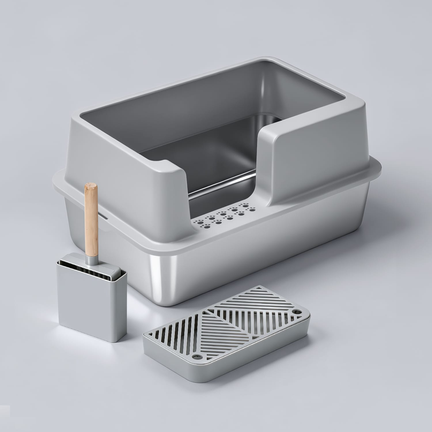 Furrbby Open Stainless Steel Litter Box with Detachable Anti-Tracking Step & Scoop Set