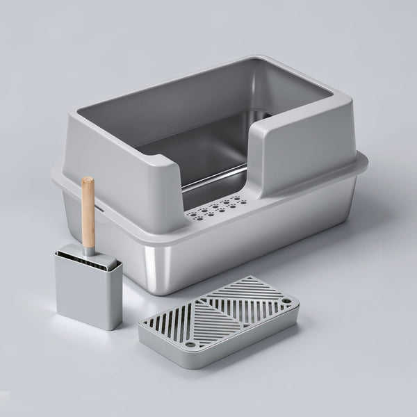 Furrbby Open Stainless Steel Litter Box with Detachable Anti-Tracking Step & Scoop Set