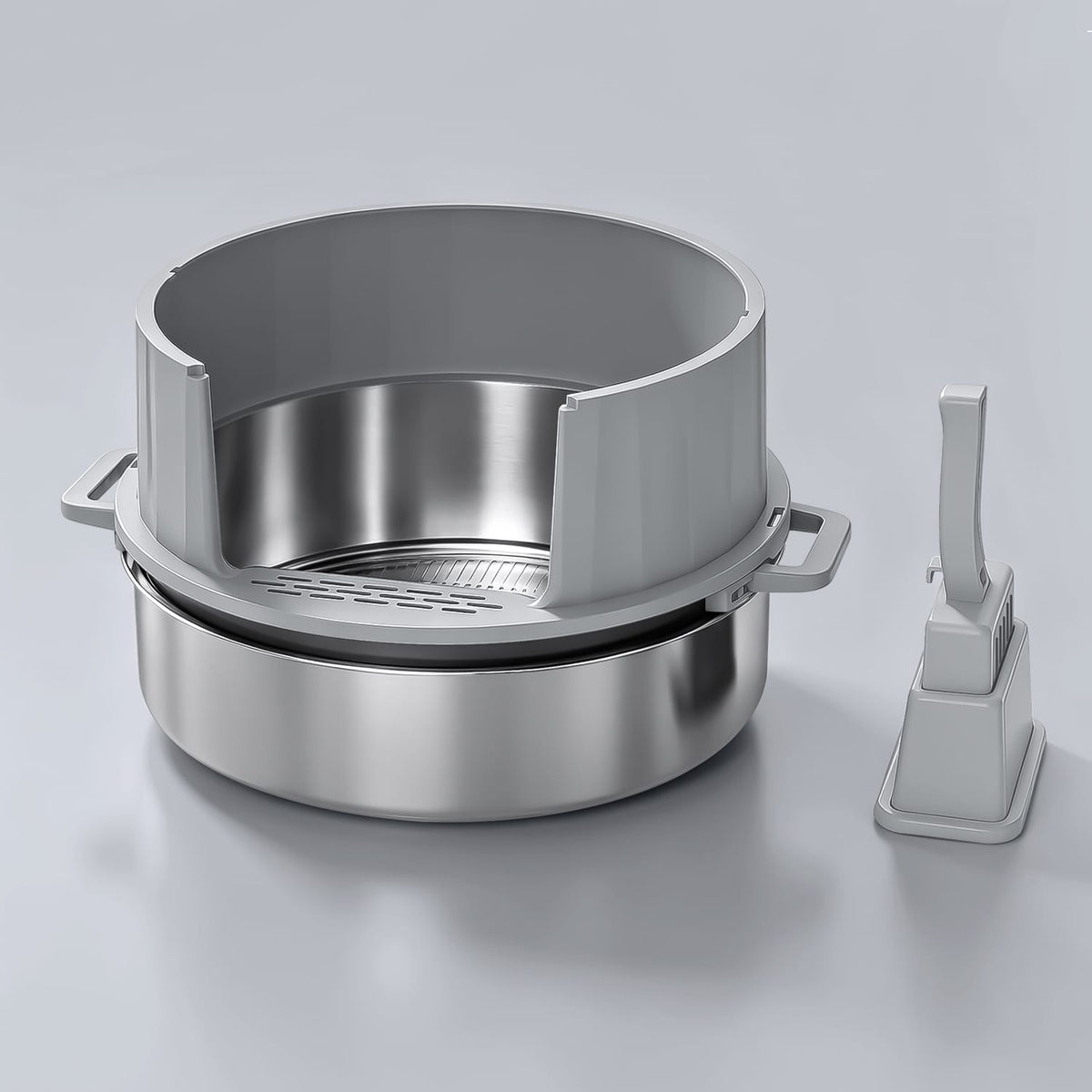 Furrbby Sifting Litter Box, XL round stainless steel cat toilet with half cover and matching litter scoop, non-porous metal for simple maintenance