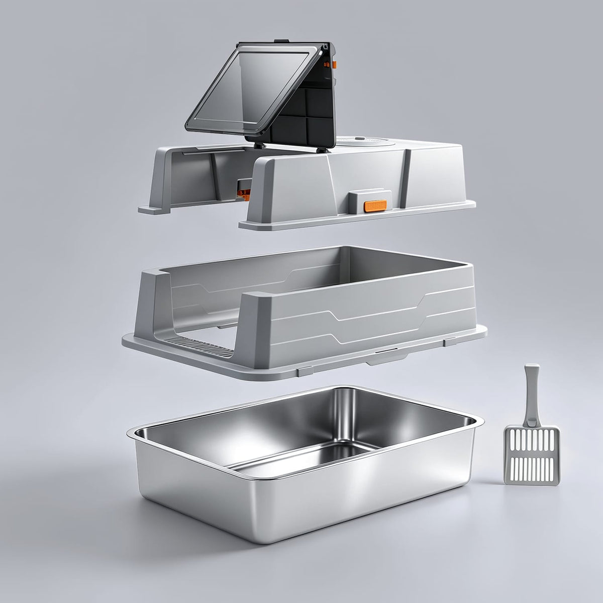 Furrbby xxl multi‑cat stainless steel litter box exploded view, non‑stick high‑sided tray